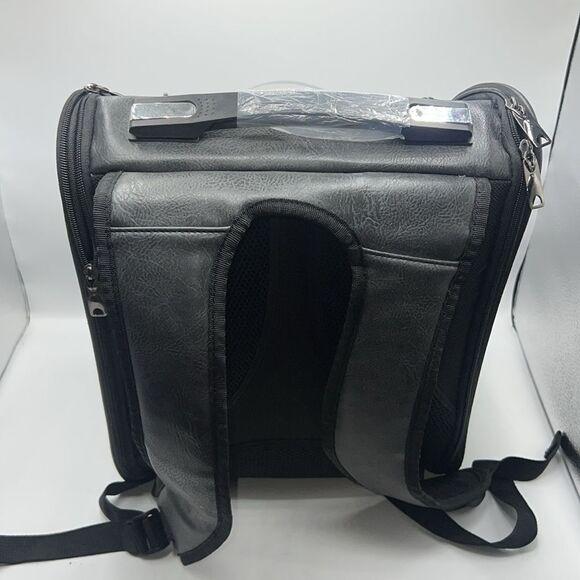 Dark Grey Vegan Leather Pet Carrier Backpack with Bubble Window - Picture 6 of 11